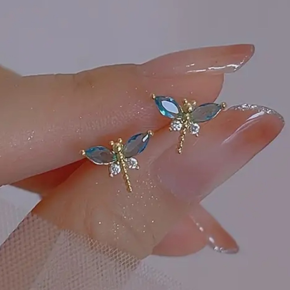 New Gold tone and Blue Dragonfly Earrings # - Picture 2 of 2